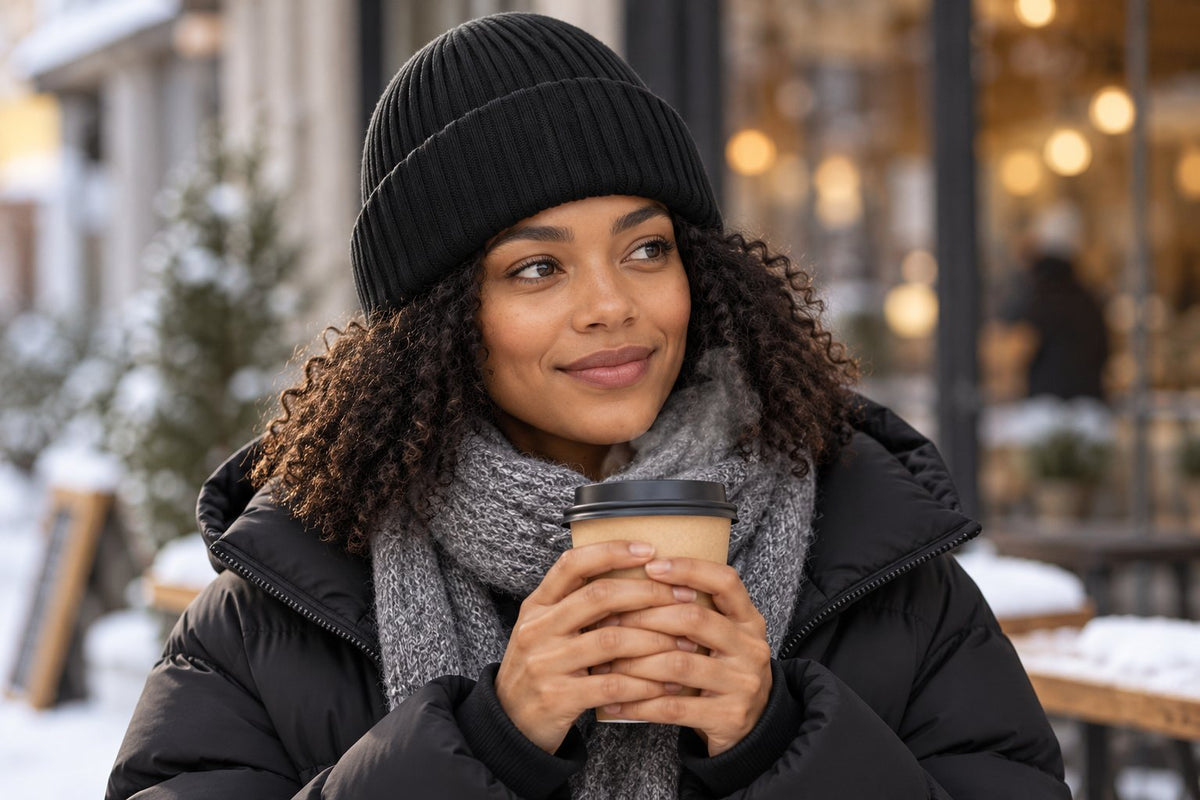 Woman in a black beanie holding a coffee