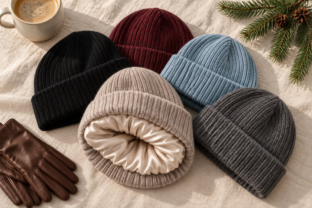 Five beanies in different colours, one turned inside out