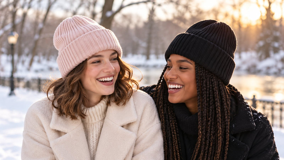 Two friends laughing in blush and black beanies