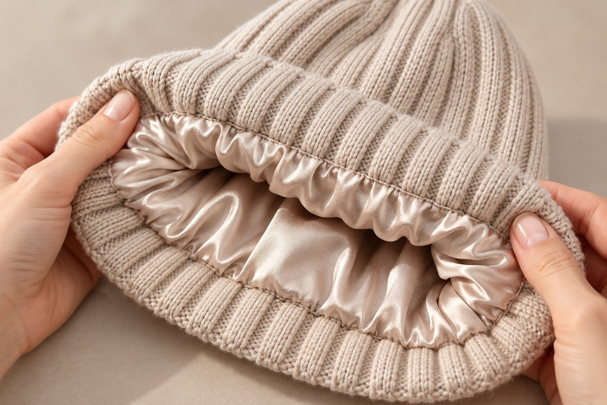 Hands opening an oat beanie to show the satin lining