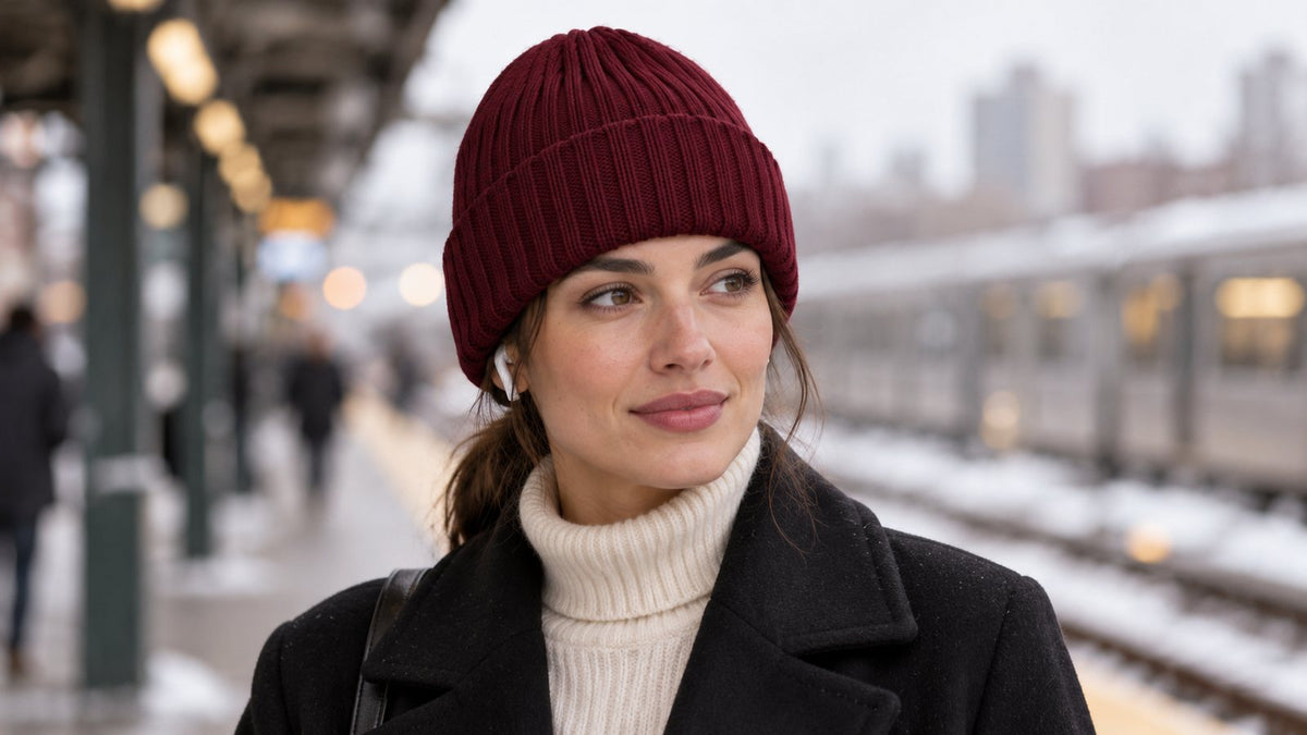 Woman in a burgundy beanie on a train platform