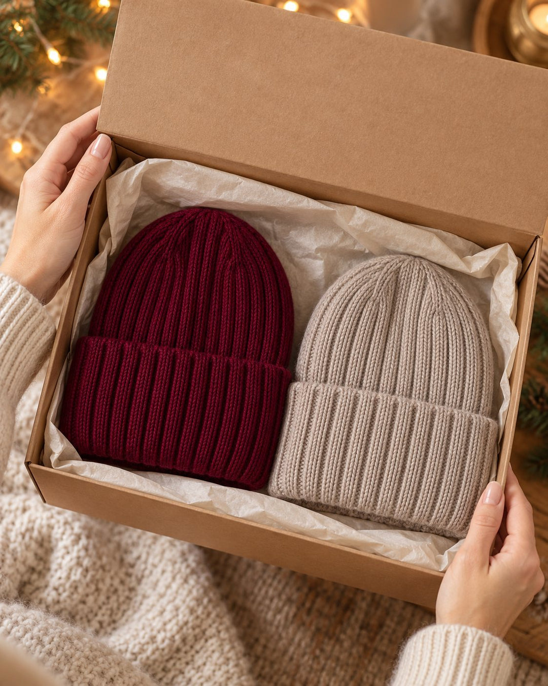 Burgundy and mocha beanies in a gift box